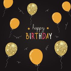 happy birthday card with golden balloons and confetti on black background stock photo - premium royalty