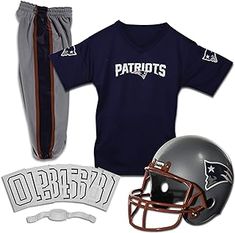 a football uniform and helmet are on display in this image, including the new england jersey