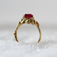 Ruby Ring, Unique Gold Ring, Leaf Ring, Solid Gold Ring, Gemstone Ring, Romantic Ring, Woodland Ring Gold Emerald Cut Engraved Ring For Gift, Gold Engraved Emerald-cut Ring For Gift, Gold Ruby Ring For Promise Occasion, Gold Flower Ring With Stone Setting For Anniversary, Fine Jewelry Gold Crystal Ring With Ruby, Gold Flower Ring With Stone Setting For Gift, Gold Flower Ring With Stone Setting As Gift, Gold Gemstone Crystal Proposal Ring, Gold Ruby Ring With Accent Stones As Gift