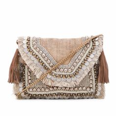 Beaded Burlap Exterior With Cotton Fabric Lining Flap Top With Magnetic Button Closure Made In India Interior Zip Pocket Fringe And Charm Details Throughout Measures Approx 13.5" W X 8.75" H X 1" D Woven Shoulder Strap Measures Approx 44" With 20" Drop Boho Hippie Outfits, Bohemian Clutch, Neutral Boho, Black Wristlet, Natural Fibre, Boho Bags, Black Clutch, Crossbody Clutch, Hippie Outfits