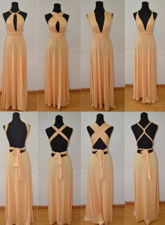 four different views of the back of a woman's dress, showing how to tie it