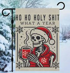 a christmas banner with a skeleton holding two mugs in front of snow covered trees