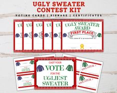 Are you ready to put together the best-ever ugly sweater contest? Then you need to get this ugly sweater contest kit! These ugly sweater contest printables have everything you need to have a fun and exciting time. You can use the entry number labels to keep track of participants. The voting ballots make it easy for everyone to vote for their favorite ugly sweater, and the voting display sign perfectly indicates where everyone should drop off their ballot. You also get a total of 7 award certificates. Six certificates are pre-filled with First Place, Second Place, Third Place, Judge's Choice, People's Choice, and Honorable Mention. Additionally, you get a blank award certificate you can use to write in your own special category! Best of all, this ugly sweater contest bundle is an instant do Ugly Sweater Contest, Number Labels, Third Place, Award Certificates, Drop Off, Game Item, Ugly Sweater, Party Games, Halloween Shopping