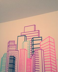 the city skyline is painted in pink, blue and green