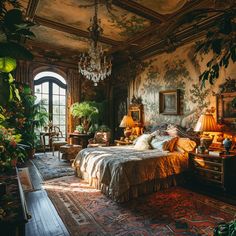 a bed sitting in a bedroom under a chandelier next to a large window