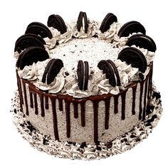 an oreo cookie cake with white frosting and chocolate drizzle