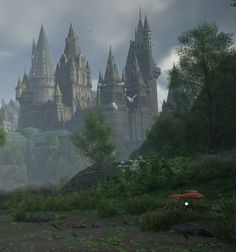 an animated image of a castle in the middle of a forest