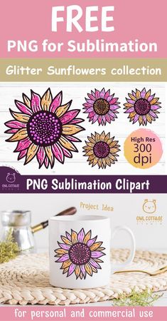 a coffee mug with sunflowers on it and the text free png for sublimation