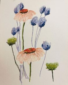 watercolor painting of pink and blue flowers on white paper