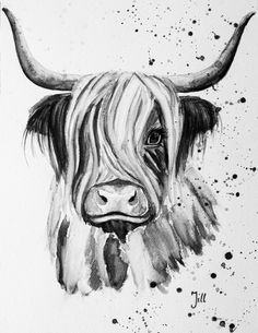 a black and white drawing of a cow with long horns on it's head