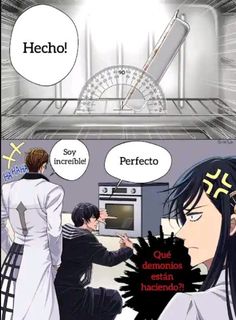 an anime scene with two people in the kitchen and one is pointing at something on the oven