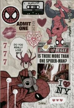 spider - man collage with various stickers on it