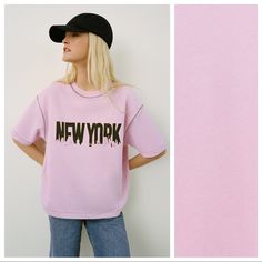 Nwt. Zara Pink "New York" Print Sweatshirt With A Round Neckline, Short Sleeves, Front Slogan Detail And Contrast Topstitching. Size L. Ref. 1443/006. Pit To Pit 23,5" Flat, Shoulders 20", Sleeves 8", Length 24,5". Do4. Pink New York, New York Sweatshirt, New York Print, Zara Sweatshirt, Short Sleeve Sweatshirt, Embellished Sweatshirts, Cropped Crewneck, Zara New, Crop Top Sweatshirt