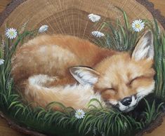 a painting of a sleeping fox in a basket with daisies on the floor next to it