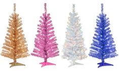 christmas trees with different colors and sizes are shown in this set, including pink, blue,