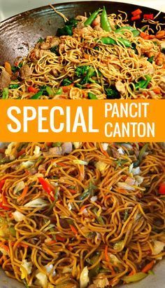 a pan filled with noodles and vegetables next to the words special canton on it