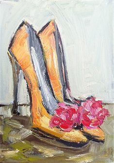 a painting of a pair of high heeled shoes with flowers