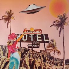 a painting of a man standing in front of a motel sign with an alien hovering over him