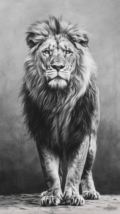 a black and white drawing of a lion standing on the ground with its eyes closed