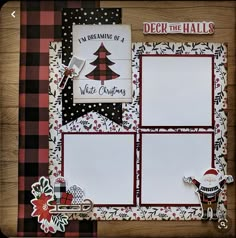 a christmas scrapbook with plaid paper and red, black and white decorations on it