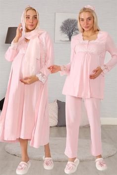 LohusaHamile 2406 Maternity Pajamas Maternity Nightgown Set with Robe  for Muslim women Cotton Fabric There are 4 pieces of product in the package ( Maternity Pajamas, Maternity Nightdress and Maternity Robe ) This Products have breastfeeding feature Pajamas and nightgown are long sleeved Adjustable at the waist There is a Belt in the Pachage There is a scarf in the Package it's a model that you can use after postpartum period Attention, There are CROWN and SLIPPERS in the Package Size Range; if Nursing Friendly Long Sleeve Sleepwear, Maternity Long Sleeve Sleepwear, Maternity Nightgown, Maternity Pajama Set, Pink Hijab, Maternity Nursing Pajamas, Trendy Maternity Outfits, Nursing Pajamas, Nightgown Sets