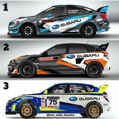 three different subaru racing cars side by side