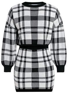 Tiffani Sexy Black & White plaid matching 2 piece sweater crop top and matching skirt set Plaid Sweater Outfit, Plaid Two Piece Outfit, Mini Dress Winter, Matching Skirt Set, Winter Sweater Dresses, Sweater Skirt Set, Crop Pullover, Dress Winter, Warm Dresses