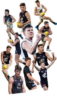 a collage of men in black and white uniforms with different sports balls on their hands