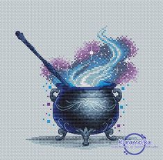 The Cauldron cross stitch chart designed by Tatyana Ledentsova.  ATTENTION! Fabric and threads are not included! Cross stitch charts are intended for personal use only and can't be distributed any way. Cross Stitch Fantasy Patterns, Cross Stitch Inspiration, Bookish Cross Stitch, Witchy Cross Stitch Patterns, Cross Stitch Ideas, Whimsy Witch, Cross Stitch Harry Potter, Witch Cross Stitch Pattern, Halloween Arts