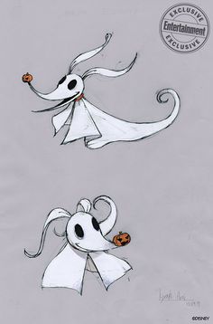 two drawings of ghost characters with pumpkins in their mouths