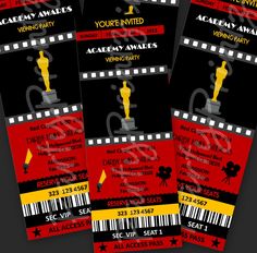 three red and black movie ticket cards with an oscar statue