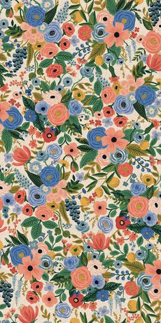 an image of a floral pattern with many different colors and sizes on the fabric, it is