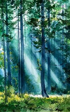 a painting of sunlight shining through the trees