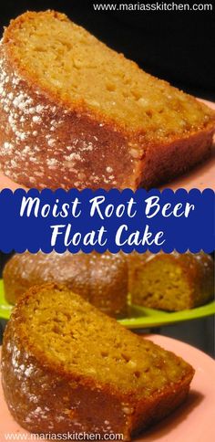 moist root beer float cake on a pink plate with the words moist root beer float cake