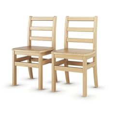 two wooden chairs sitting next to each other