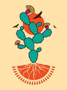 an image of a cactus with birds flying around it