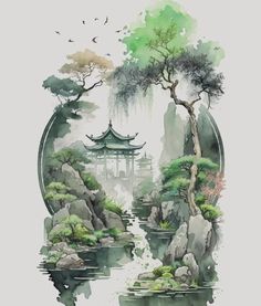 Japan Painting, Art Chinois, Landscape Tattoo, Chinese Landscape Painting, Chinese Art Painting, Japanese Artwork, Watercolor Png, Asian Painting, Green And Gray