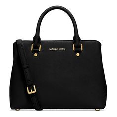 Medium Sized Bag; 11-1/2"W X 9"H X 4.5"D Interior Features Lining, Center Zip Compartment, 2 Open Compartments, 1 Open Pocket, 1 Zip Pocket And Key Chain 4"L Double Handles; 21"-24" Adjustable Shoulder Strap Magnetic Snap Closure Shiny Gold-Tone Hardware Met Saffiano Leather Black Saffiano Leather Satchel With Gold-tone Hardware, Black Saffiano Leather Bag With Gold-tone Hardware, Classic Satchel With Branded Hardware In Saffiano Leather, Classic Saffiano Leather Bag With Branded Hardware, Black Saffiano Leather Satchel, Classic Michael Kors Satchel For Shopping, Black Saffiano Leather Satchel For Evening, Classic Michael Kors Business Bags, Saffiano Leather Satchel With Branded Hardware