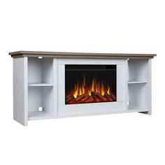 an entertainment center with a fire place and shelves on each side, in white finish