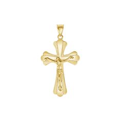 Let your genuine, true faith shine out with this expertly handcrafted solid gold crucifix pendant. This polished Crucifix is set against a textured background, the blend of the two captures the admirer's attention. Show off your spirituality with this crucifix! Product Information • Metal: 10k or 14k in Yellow/Rose/White Gold• Weight: 10k - 2.6 g. | 14k - 2.7 g. • Dimensions: 1.4" inches x 0.76" inches • Chain: Rolo Chain with Spring Ring Clasp - 1 g. SKU: QM316 Yellow Gold Diamond Cut Crucifix Necklace, Diamond Cut Yellow Gold Cross Pendant, Yellow Gold Diamond-cut Cross Pendant, Yellow Gold Diamond Cut Cross Pendant, 14k Gold Crucifix Spiritual Jewelry, 14k Gold Spiritual Crucifix Jewelry, True Faith, Rose Gold Pendant, Yellow Gold Pendants