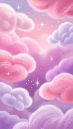 the sky is filled with pink and purple clouds, stars and sparkles in the background