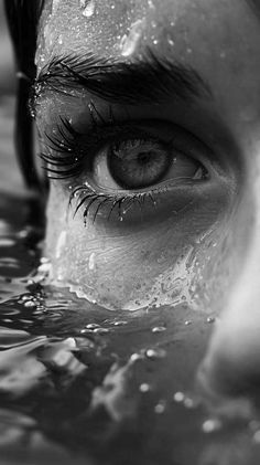 a close up of a person's eye in the water