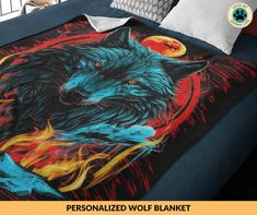 an image of a wolf blanket on a bed