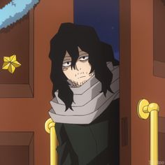 an anime character with long black hair standing in front of a door