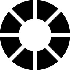 a black and white circular logo with four spokes in the center, on a white background