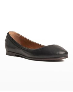 Frye "Carson" smooth leather ballerina flats    0.25 in / 10 mm flat heel    Round toe    Slipon style    Leather/Rubber outsole    Lining: Pigskin    Made in Mexico    Size Guide: True to Size​ Pig Skin, Ballerina Flats, Smooth Leather, Neiman Marcus, Size Guide, Tops Designs, Luxury Fashion, Heels, Leather