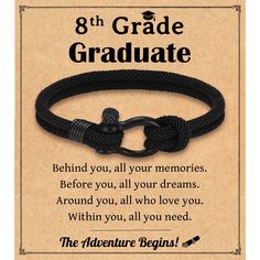 an advertisement for the 8th grade graduate, with a black rope bracelet and anchor clasp