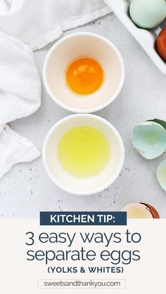 three bowls filled with eggs on top of a white counter next to an egg shell