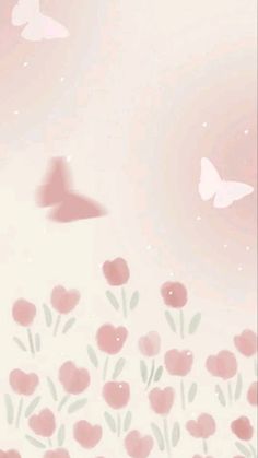 pink flowers and butterflies flying in the sky