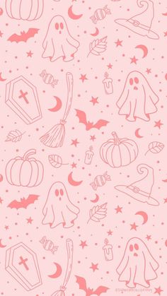 halloween seamless background with pumpkins, bats and ghost heads on pink paper in the style of doodles